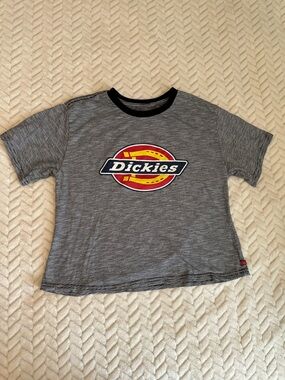 Woman’s Dickies Grey Striped Logo Tee with Red & Yellow Emblem size medium